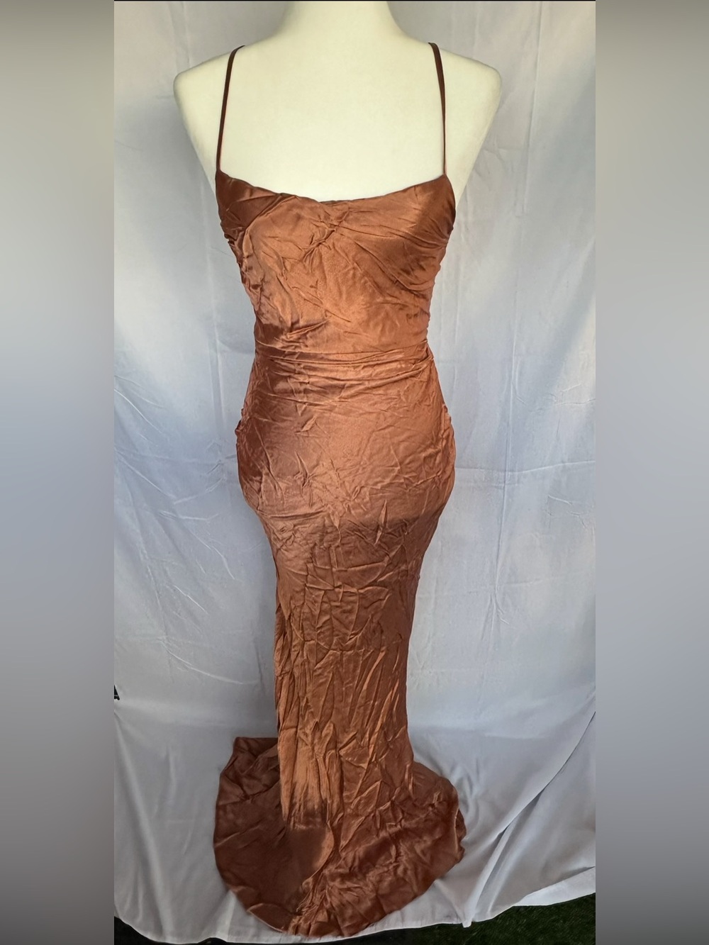 Shona Joy Copper Brown Satin Slip Maxi Dress